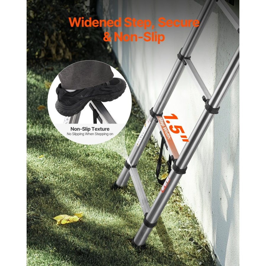 VEVOR Telescoping Ladder, 2540mm Stainless Steel Lightweight Extension Ladder, Multi-Button Retraction Collapsible Ladders, 150 kg Capacity & Non-Slip Feet, Portable 9-Step Ladders for Home RV Loft