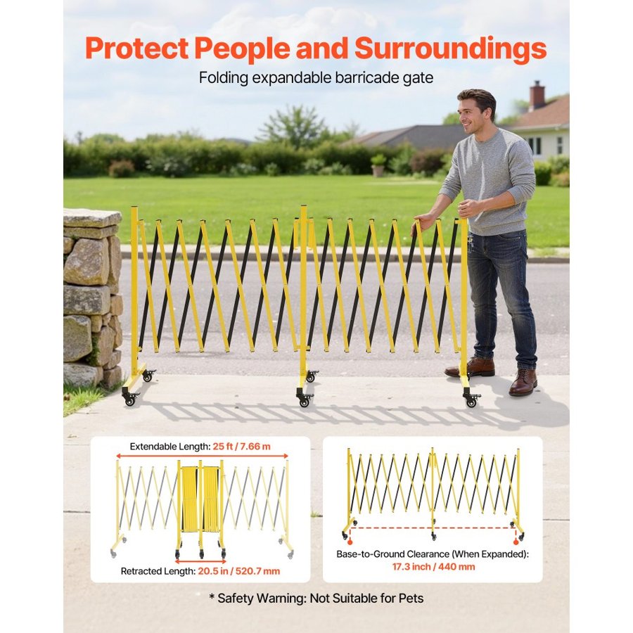 VEVOR Double Expandable Barricades, 25FT Industrial Safety Barriers, Flexible Mobile Barricade with Locking Casters, Portable Folding Security Gate Metal Traffic Fence for Driveway Warehouse Elevator