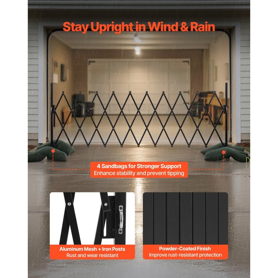 VEVOR Expandable Barricade, 11FT Expandable Safety Barrier, Flexible Mobile Barricade with Locking Casters, Portable Folding Security Gate Metal Traffic Fence for Patio Garden Stairway