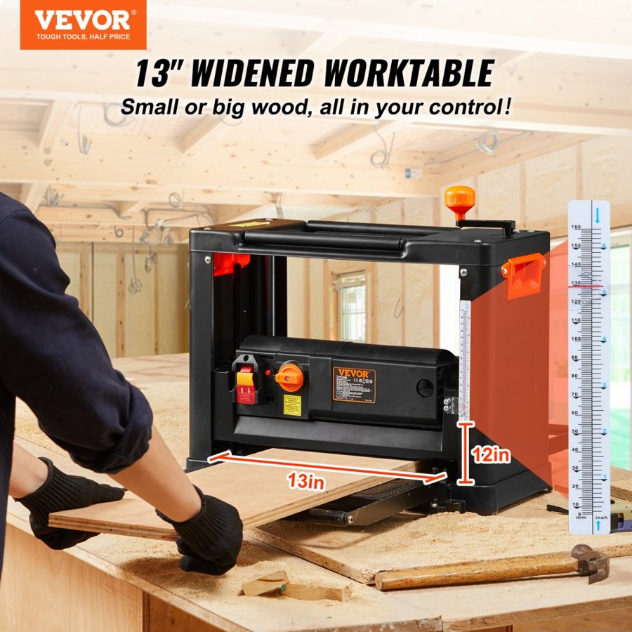 VEVOR Thickness Planer, Two Speed, 33 cm Width Worktable Benchtop Planer, Three-Blade, 15-Amp 2000W Powerful Motor, 30.5 cm Extended Infeeding Table, Low Noise for both hard & soft wood material removal