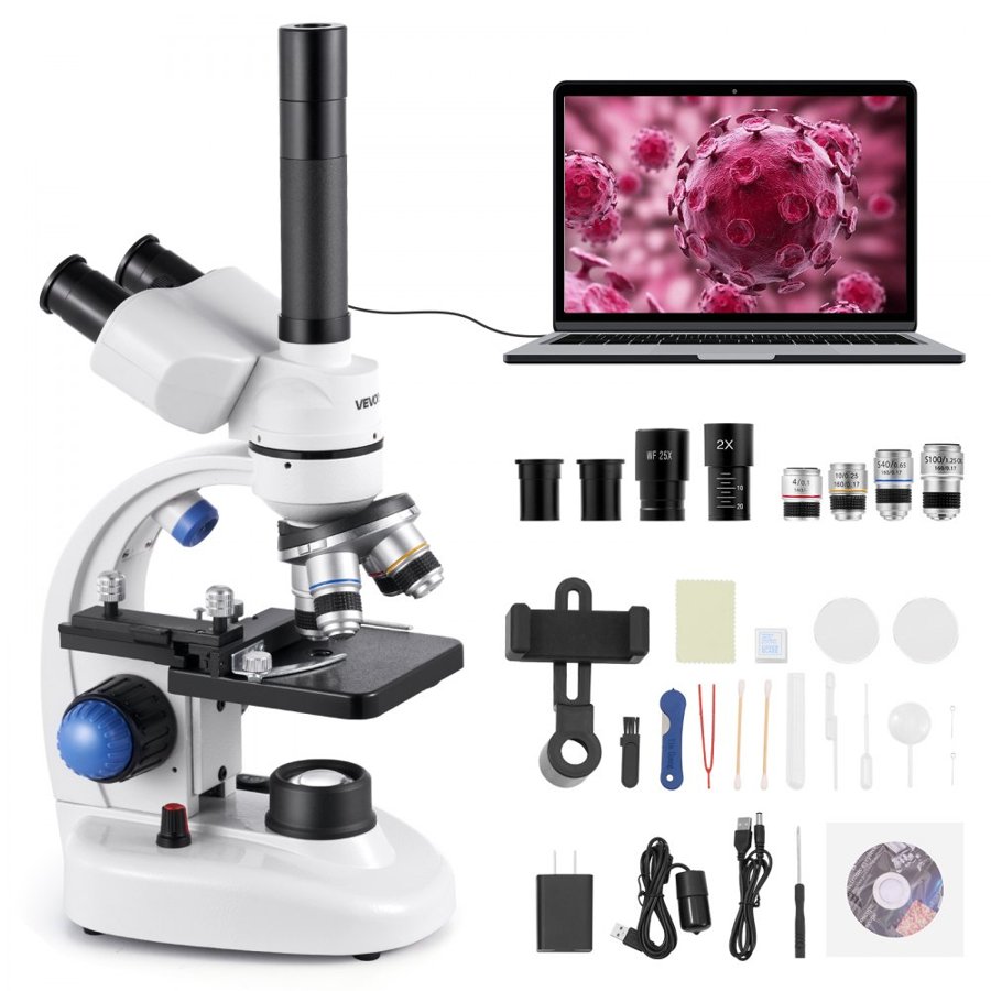 VEVOR Trinocular Microscope for Adult, Professional Compound Microscope Kit with 40-5000X Magnification, Aluminum Alloy Body, Includes LED Light and Phone Holder, for Lab, School, Home, Education