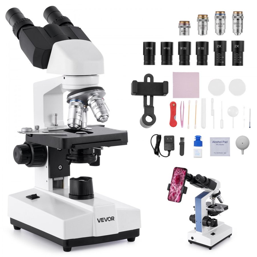 VEVOR Binocular Microscope for Adult, Professional Compound Microscope Kit with 40-5000X Magnification, Dual Stage and Two Sets of Eyepieces, Aluminum Alloy Body, Includes LED Light and Phone Holder