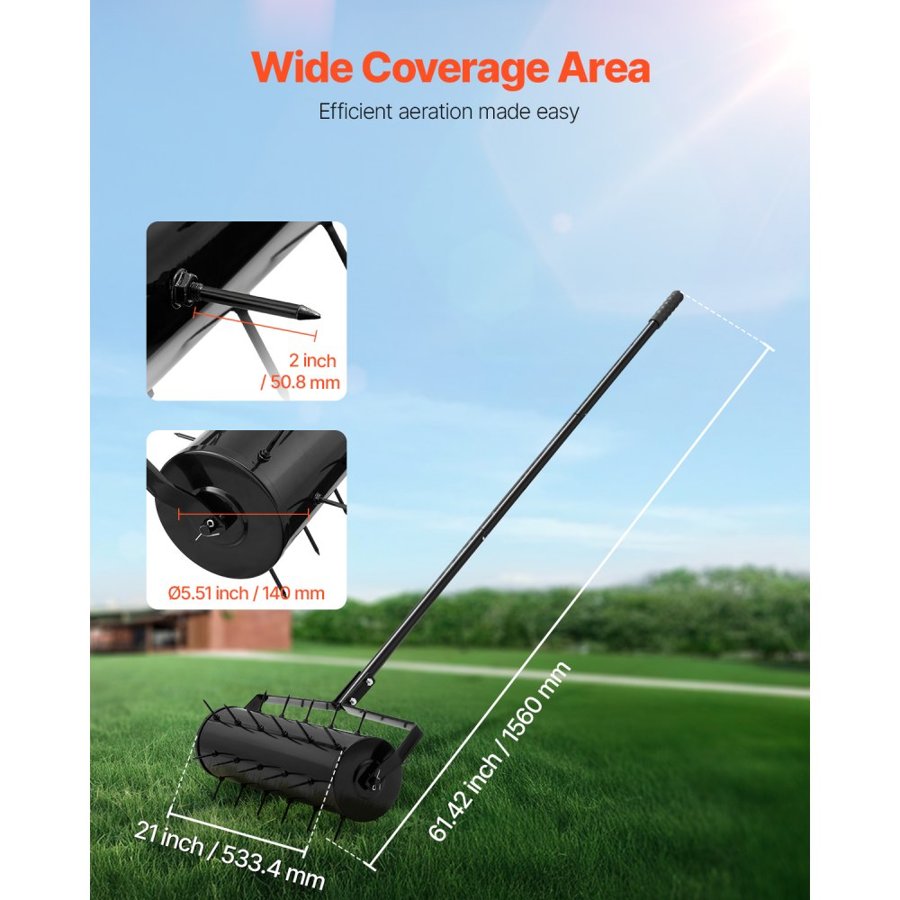 VEVOR Manual Rolling Lawn Aerator – 21 Inch, 33 Spikes