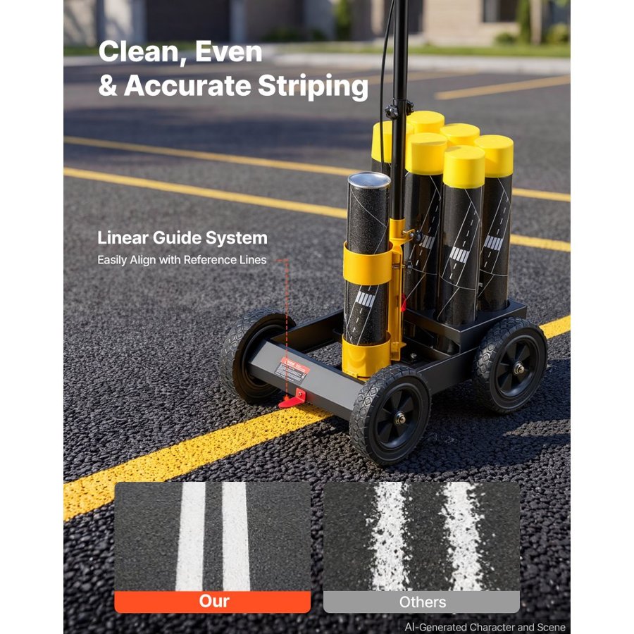 VEVOR Striping Line Marking Machine 6-Can Capacity Black with 4 Wheels, Parking Lot Striping Machine, 50-100 mm Adjustable Line Width, Heavy Duty, Fast and Accurate Marking, with Adapter Nozzle