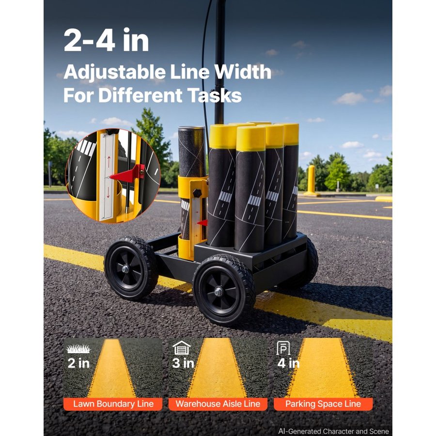 VEVOR Striping Line Marking Machine 6-Can Capacity Black with 4 Wheels, Parking Lot Striping Machine, 50-100 mm Adjustable Line Width, Heavy Duty, Fast and Accurate Marking, with Adapter Nozzle