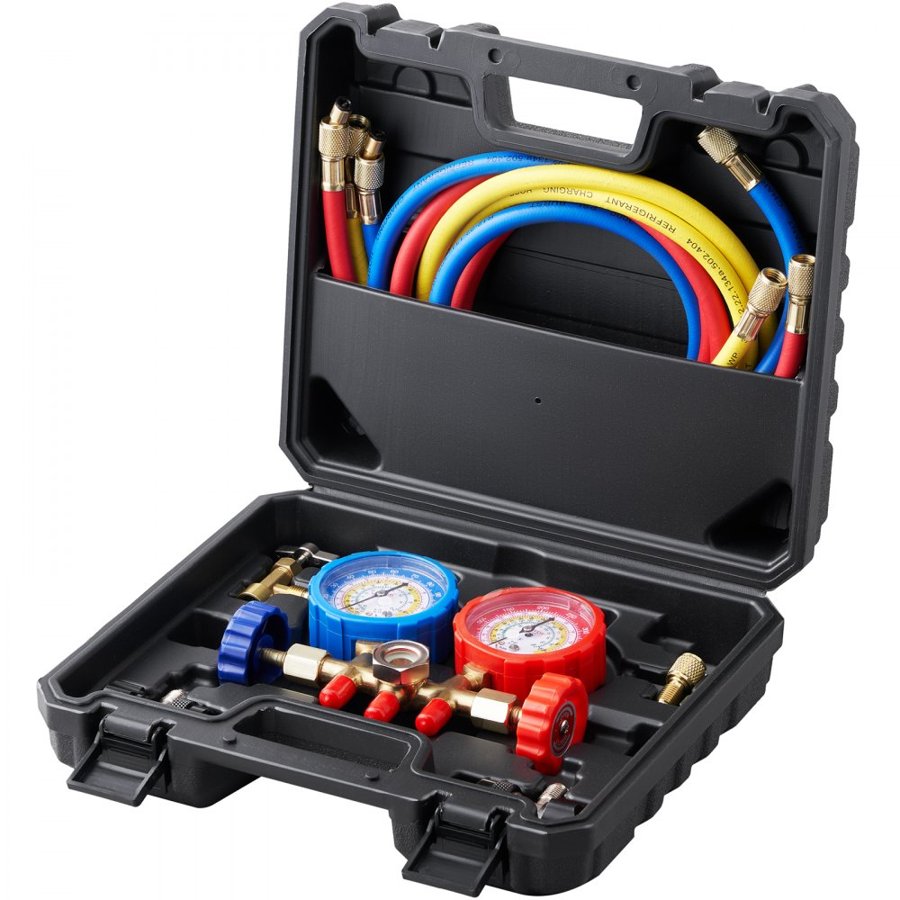VEVOR 3-Way AC Diagnostic Manifold Gauge Set Fits for R134A, R22, R12, R502 Refrigerant, AC Gauge Set with 152 cm Hoses, Couplers, Can Tap for Car A/C System Automotive Air Conditioning Maintenance