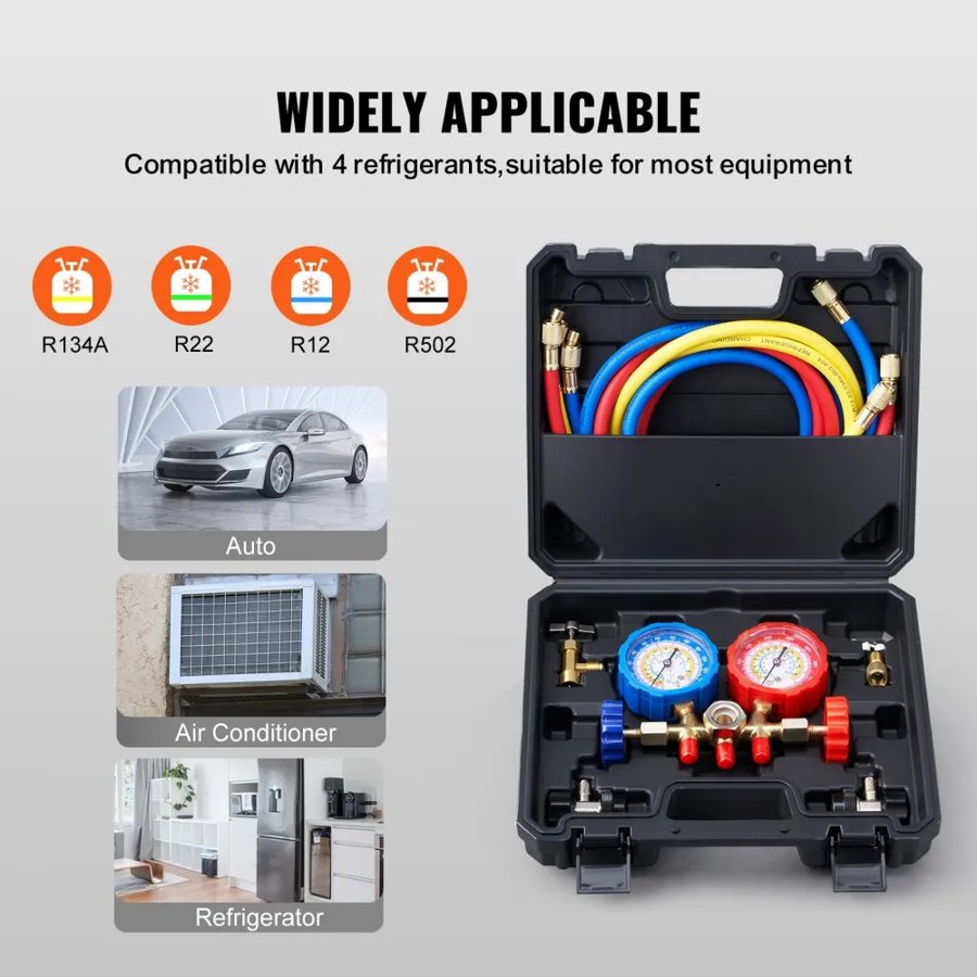 VEVOR 3-Way AC Diagnostic Manifold Gauge Set Fits for R134A, R22, R12, R502 Refrigerant, AC Gauge Set with 152 cm Hoses, Couplers, Can Tap for Car A/C System Automotive Air Conditioning Maintenance