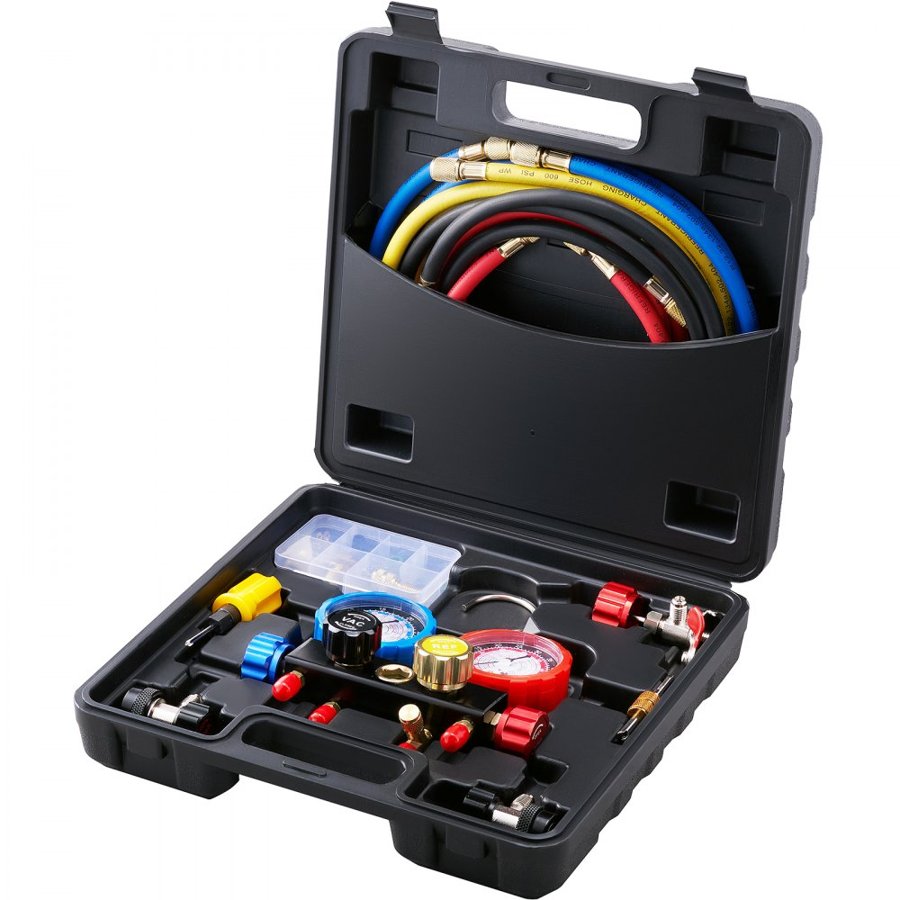VEVOR 4 Way AC Gauge - AC Manifold Gauge Set for R134A R22 R12 R410A Refrigerant, Freon Gauges with 152.4 cm Hoses, Couplers, Can Tap Works on Car Auto Freon Charging and Evacuation