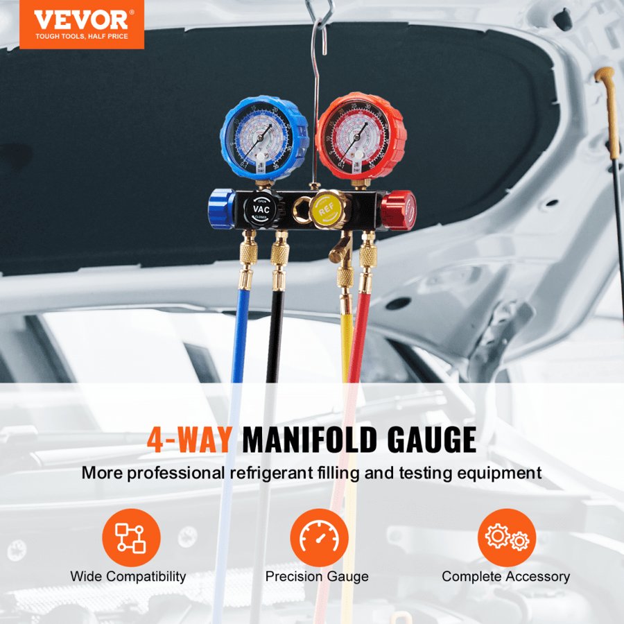 VEVOR 4 Way AC Gauge - AC Manifold Gauge Set for R134A R22 R12 R410A Refrigerant, Freon Gauges with 152.4 cm Hoses, Couplers, Can Tap Works on Car Auto Freon Charging and Evacuation