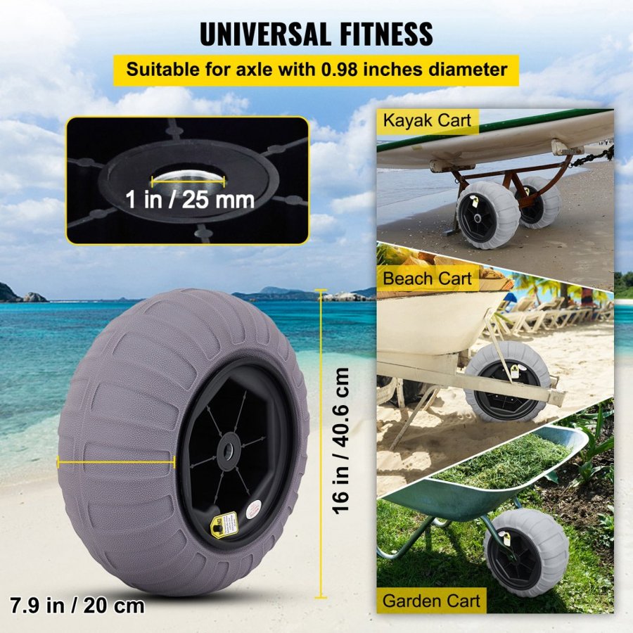 VEVOR Beach Balloon Wheels, 16" Replacement Sand Tires, TPU Cart Tires for Kayak Dolly, Canoe Cart and Buggy with Free Air Pump, 2-Pack