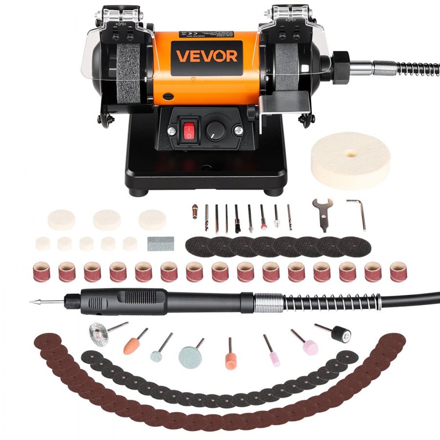 VEVOR Bench Buffer Polisher, 8300-10600 RPM Adjustable Speed, Polishing & Buffing Machine with Grinding, Fiber, and Wool Wheels, 100-Piece Accessory Kit, for Jewelry, Wood, Metal, Raw Stone, Jade DIY
