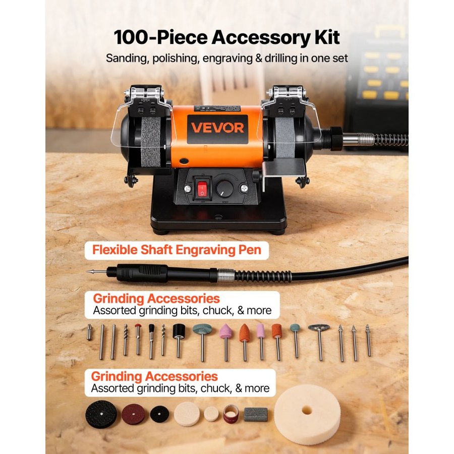 VEVOR Bench Buffer Polisher, 8300-10600 RPM Adjustable Speed, Polishing & Buffing Machine with Grinding, Fiber, and Wool Wheels, 100-Piece Accessory Kit, for Jewelry, Wood, Metal, Raw Stone, Jade DIY