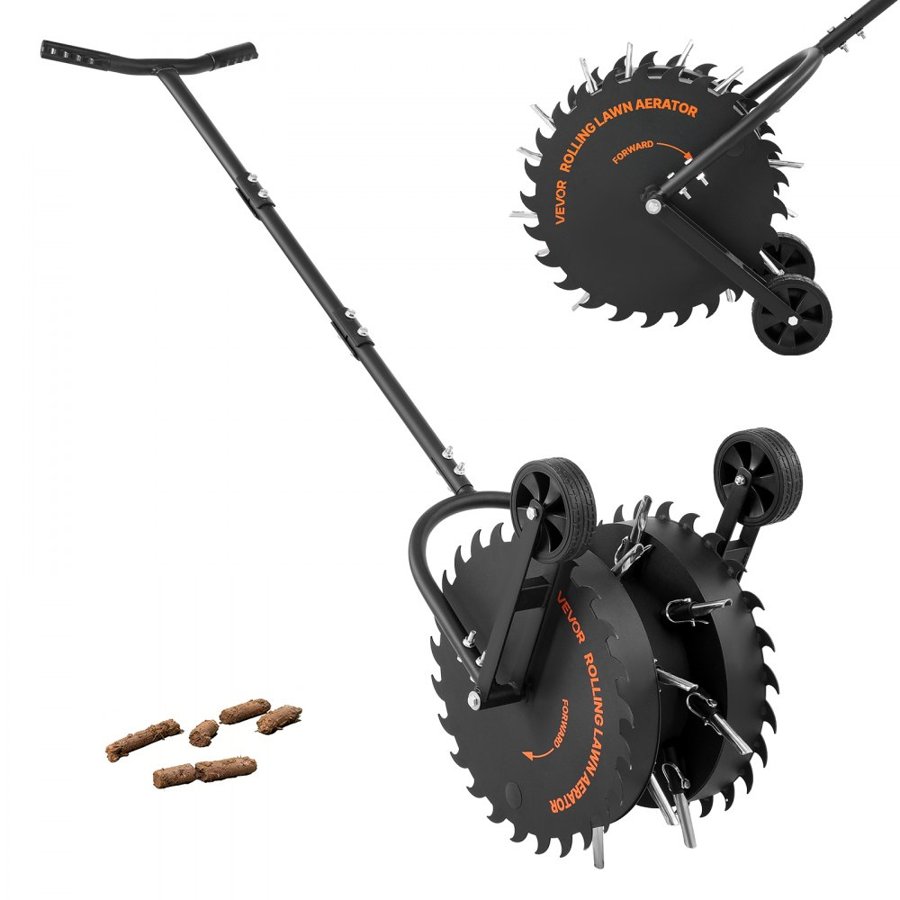 VEVOR Rolling Lawn Core Aerator, 16.6 in Coring Aerator Roller with Anti-Clog Tines, Heavy Duty & Rust-Resistant, Yard Grass Pulling Plugs Manual Aeration Tool for Compacted Garden Soil Loosening