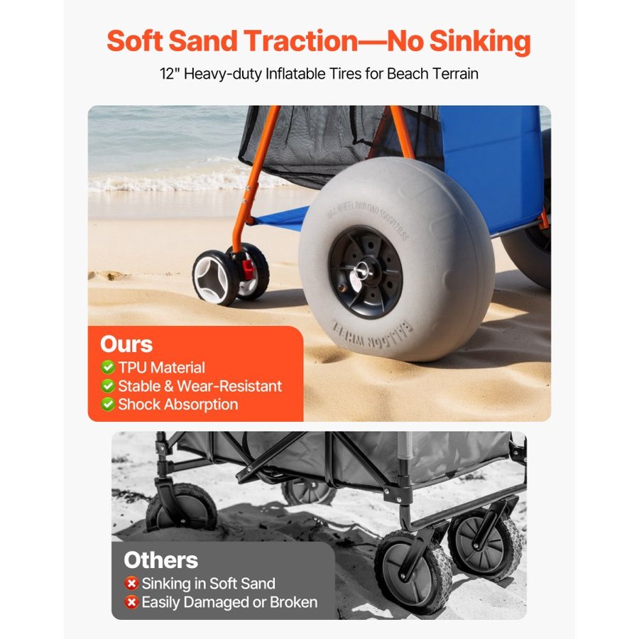 VEVOR Beach Cart with Big Wheels – 165lbs, 12" Balloon Tires