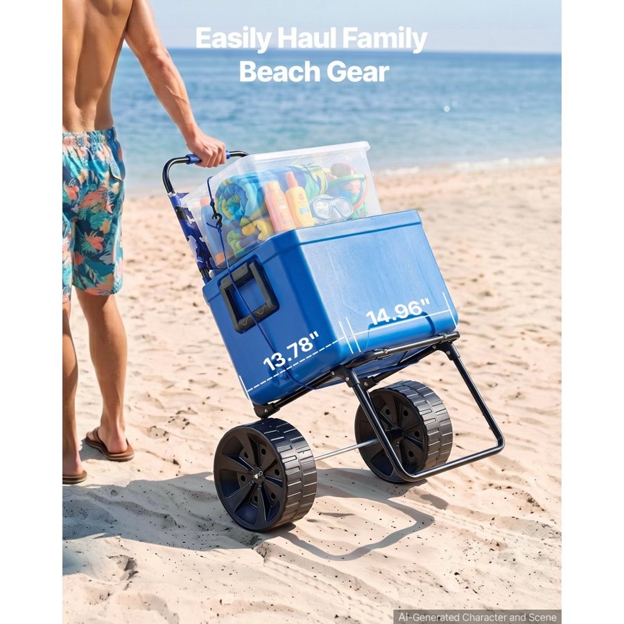 VEVOR Beach Dolly with Big Wheels for Sand, 15.4" x 15.7" Cargo Deck, w/ 10" PE Solid Wheels, 69LBS Loading Capacity Folding Sand Cart, Heavy Duty Cart for Picnic, Camping, Fishing, Beach, Gardening