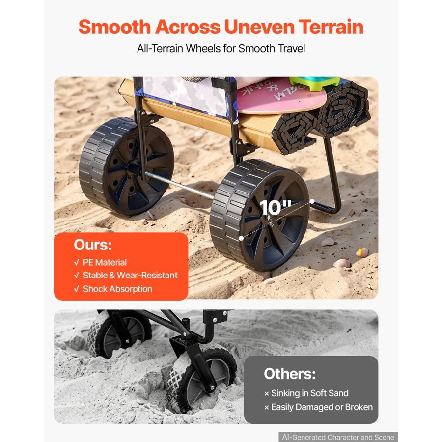 VEVOR Beach Dolly with Big Wheels for Sand, 15.4" x 15.7" Cargo Deck, w/ 10" PE Solid Wheels, 69LBS Loading Capacity Folding Sand Cart, Heavy Duty Cart for Picnic, Camping, Fishing, Beach, Gardening
