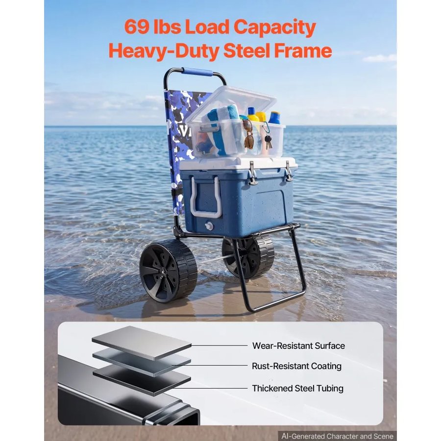 VEVOR Beach Dolly with Big Wheels for Sand, 15.4" x 15.7" Cargo Deck, w/ 10" PE Solid Wheels, 69LBS Loading Capacity Folding Sand Cart, Heavy Duty Cart for Picnic, Camping, Fishing, Beach, Gardening