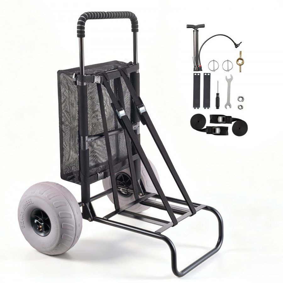 VEVOR Beach Dolly with Big Wheels for Sand, 20.1" x 14.6" Cargo Deck, w/ 9" Balloon Wheels, 165LBS Loading Capacity Folding Sand Cart & 27.2" to 44.9" Adjustable Height, Heavy Duty Cart for Beach