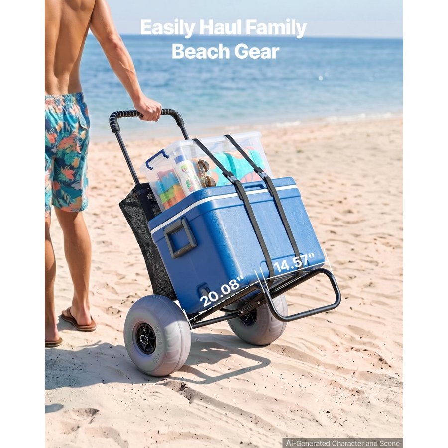 VEVOR Beach Dolly with Big Wheels for Sand, 20.1" x 14.6" Cargo Deck, w/ 9" Balloon Wheels, 165LBS Loading Capacity Folding Sand Cart & 27.2" to 44.9" Adjustable Height, Heavy Duty Cart for Beach