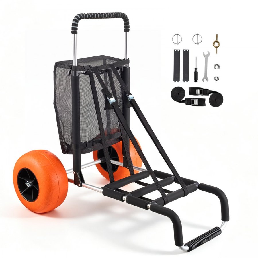 VEVOR Beach Dolly with Big Wheels for Sand, 29.9" x 15.4" Cargo Deck, w/ 12" Solid Wheels, 165LBS Loading Capacity Folding Sand Cart & 27" to 44.7" Adjustable Height, Heavy Duty Cart for Beach