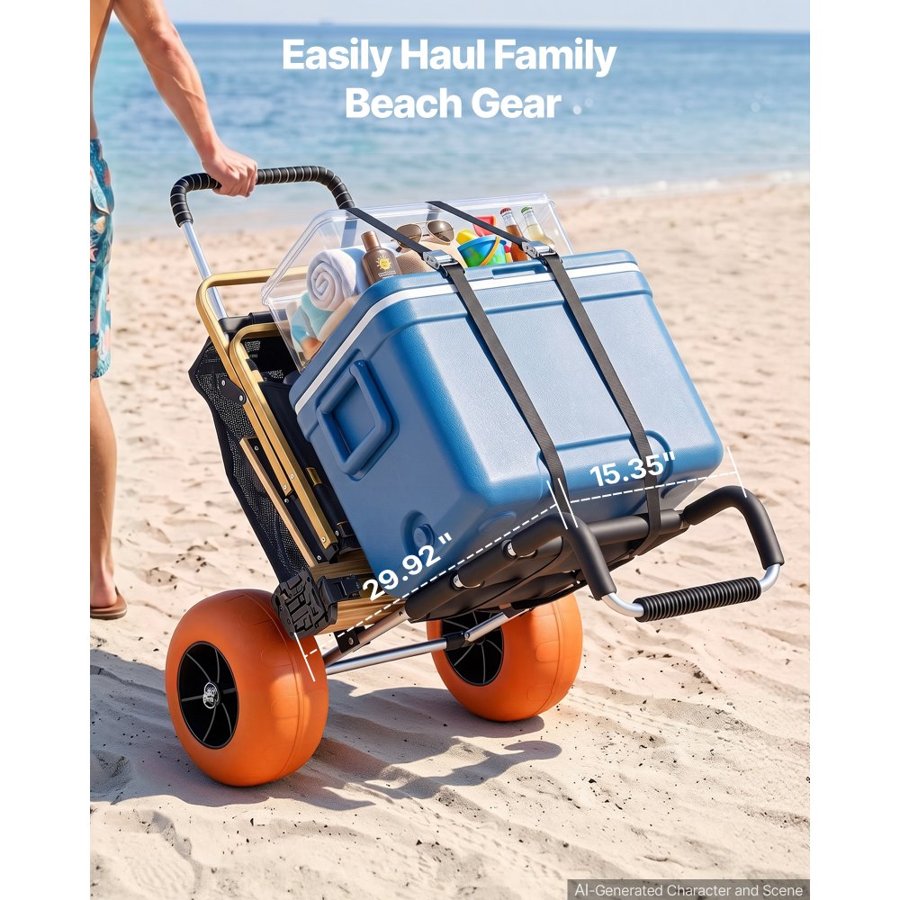 VEVOR Beach Dolly with Big Wheels for Sand, 29.9" x 15.4" Cargo Deck, w/ 12" Solid Wheels, 165LBS Loading Capacity Folding Sand Cart & 27" to 44.7" Adjustable Height, Heavy Duty Cart for Beach