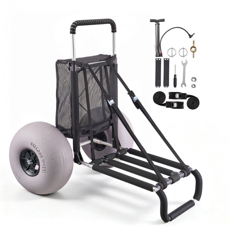 VEVOR Beach Dolly with Big Wheels for Sand, 29.9" x 15.4" Cargo Deck, w/ 12" Balloon Wheels, 165LBS Loading Capacity Folding Sand Cart & 27" to 44.7" Adjustable Height, Heavy Duty Cart for Beach