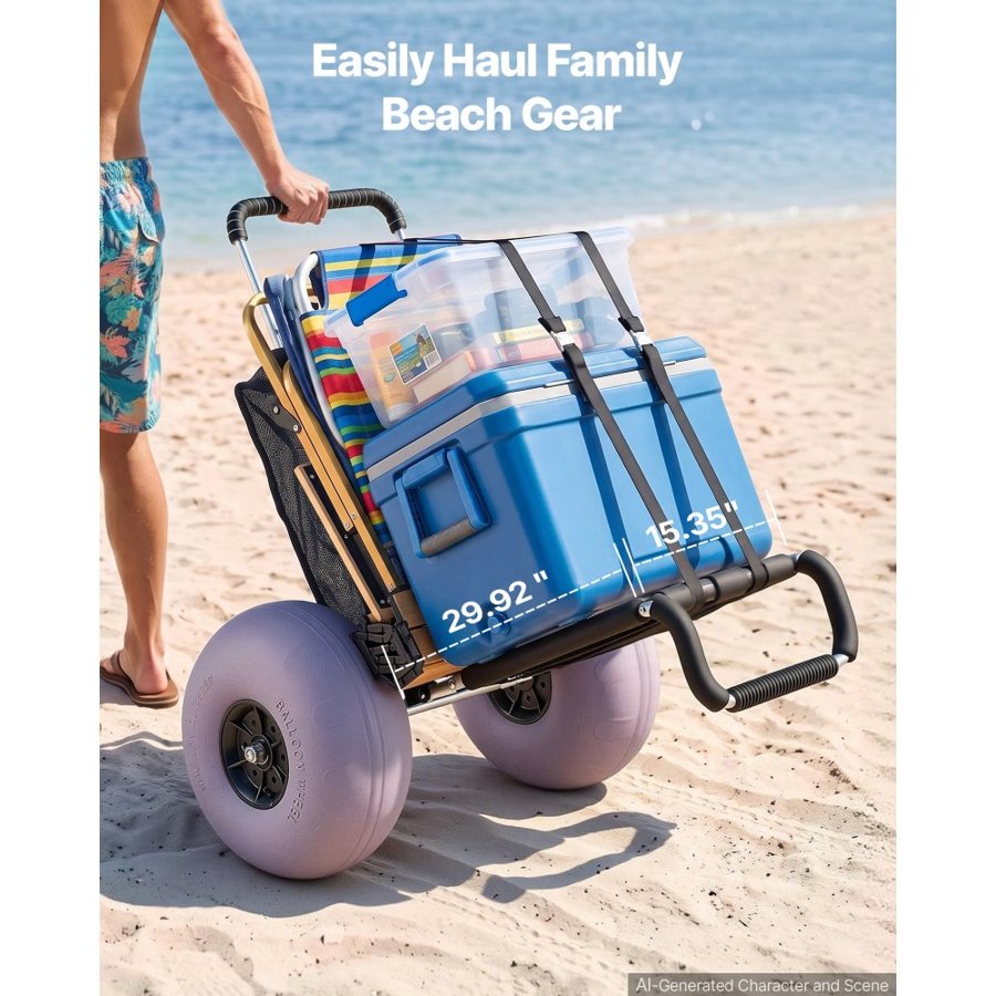 VEVOR Beach Dolly with Big Wheels for Sand, 29.9" x 15.4" Cargo Deck, w/ 12" Balloon Wheels, 165LBS Loading Capacity Folding Sand Cart & 27" to 44.7" Adjustable Height, Heavy Duty Cart for Beach