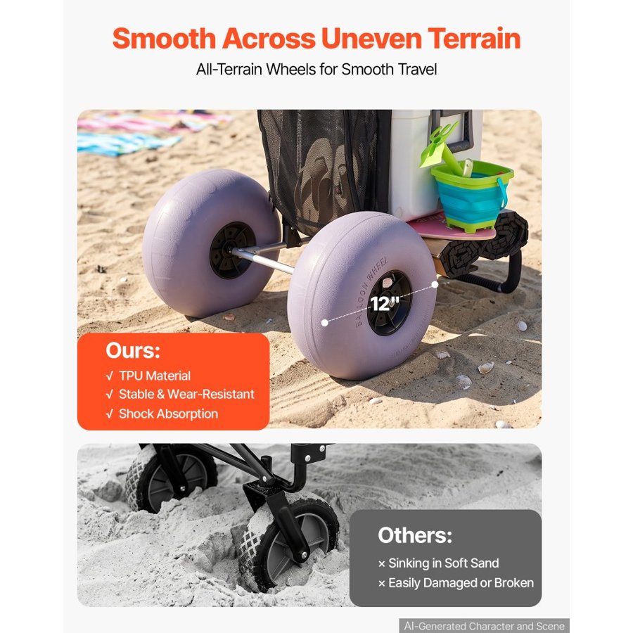 VEVOR Beach Dolly with Big Wheels for Sand, 29.9" x 15.4" Cargo Deck, w/ 12" Balloon Wheels, 165LBS Loading Capacity Folding Sand Cart & 27" to 44.7" Adjustable Height, Heavy Duty Cart for Beach