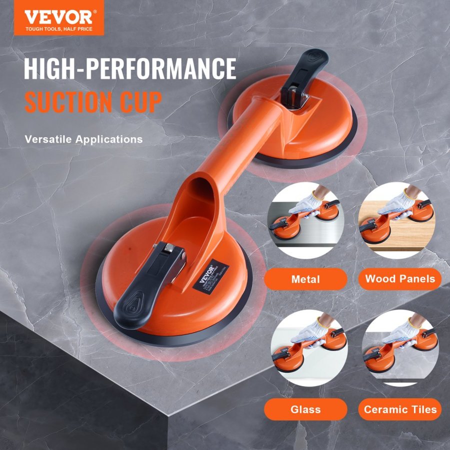 VEVOR Glass Suction Cup, 11.9 cm 2 Pack 149.7 kg Load Capacity, Vacuum Suction Cup with Aluminum Handle, Heavy Duty Industrial Suction Cup Lifter Tool for Glass, Granite, Tile, Metal, Wood Panel Lifting