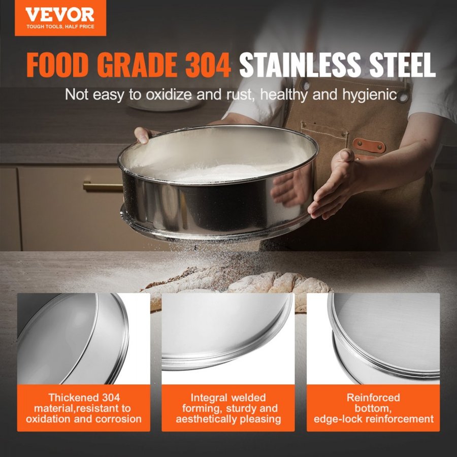 VEVOR Flour Sieve Fine Mesh, 40 Mesh Flour Sifter, 304 Stainless Steel Fine Mesh Sifter Food-grade, Dia. 12.6" Fine Mesh Strainers for Baking, 5 Sizes Mesh hole for Mungbean, Rice, Flour, Pearl Powder