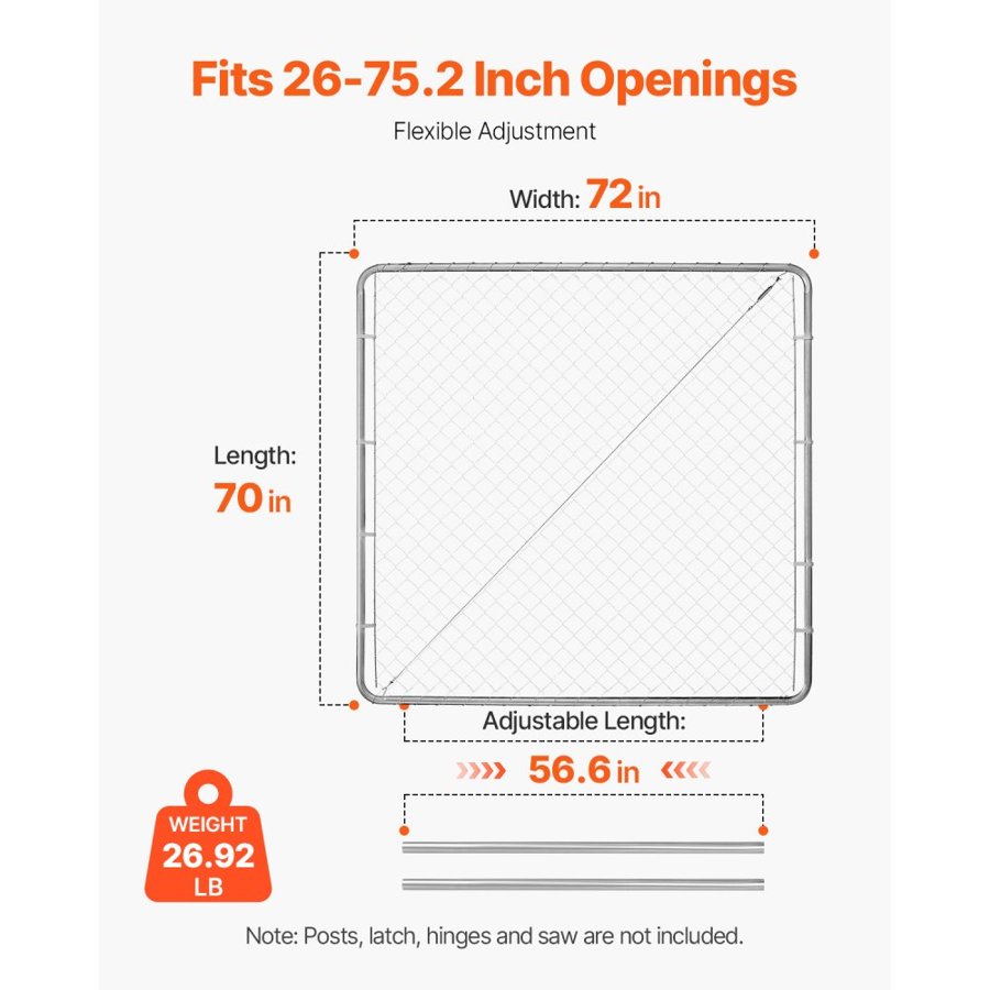 VEVOR Chain Link Fence Gate, 70 x 72 in, Adjustable Chain Link Fence Panel, Fit 3 ft (W) x 4 ft (H) Garden Fence Gate Opening, Rust-Resistant Galvanized Fencing Gate for Farm Posts Not Included