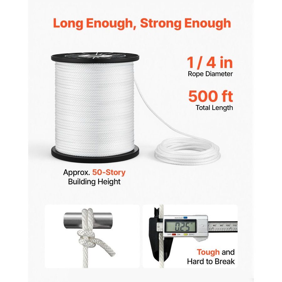 VEVOR Polyester Rope 6.4 mm x 152 m Solid Braid Marine Utility Rope White, for Outdoor Boat Docking, 522 kg Breaking Strength, Heavy Duty Low Stretch Sun-Resistant Industrial Cord, Smooth Surface