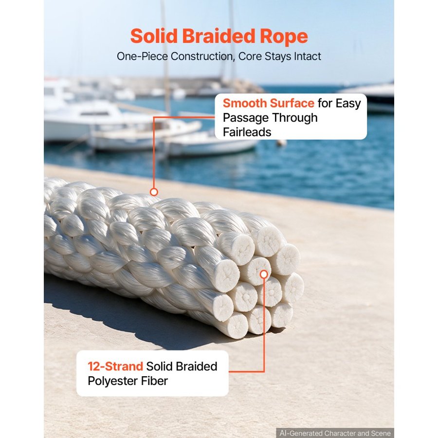 VEVOR Polyester Rope 6.4 mm x 152 m Solid Braid Marine Utility Rope White, for Outdoor Boat Docking, 522 kg Breaking Strength, Heavy Duty Low Stretch Sun-Resistant Industrial Cord, Smooth Surface
