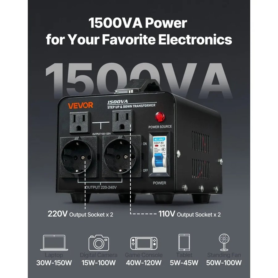 VEVOR Voltage Converter Transformer, 1500VA, Heavy Duty Step Up/Down Power Transformer, Convert from 110V to 220V and 220V to 110V, with US Outlets, EU Outlets, Power Cord, Circuit Breaker Protection