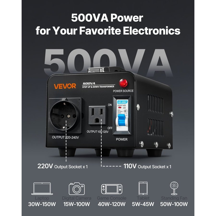 VEVOR Voltage Converter Transformer, 500VA, Heavy Duty Step Up/Down Power Transformer, Convert from 110V to 220V and 220V to 110V, with US Outlet, EU Outlet, Power Cord, Circuit Breaker Protection