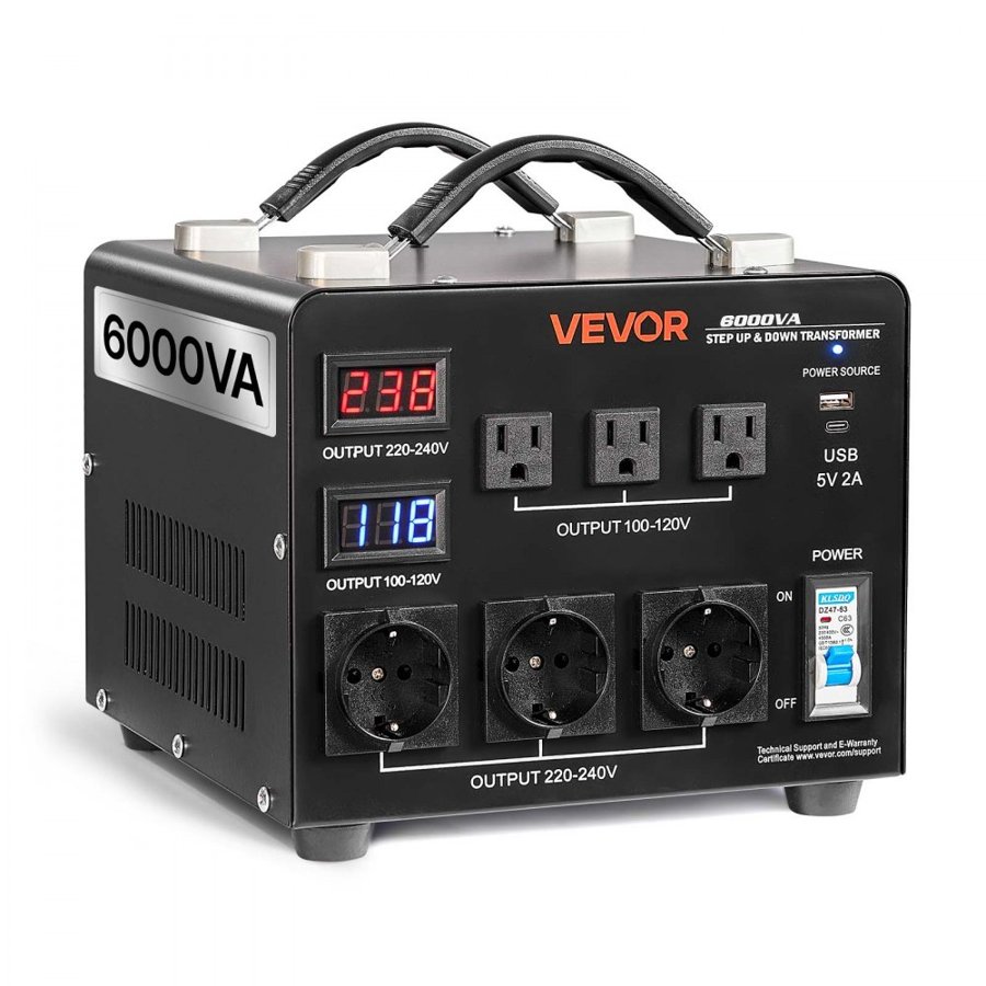 VEVOR Voltage Auto Converter Transformer, 6000VA, Heavy Duty Step Up/Down Power Transformer, 110V to 220V and 220V to 110V, with 3 US Outlets, 3 EU Outlets, LCD Display, Circuit Breaker Protection