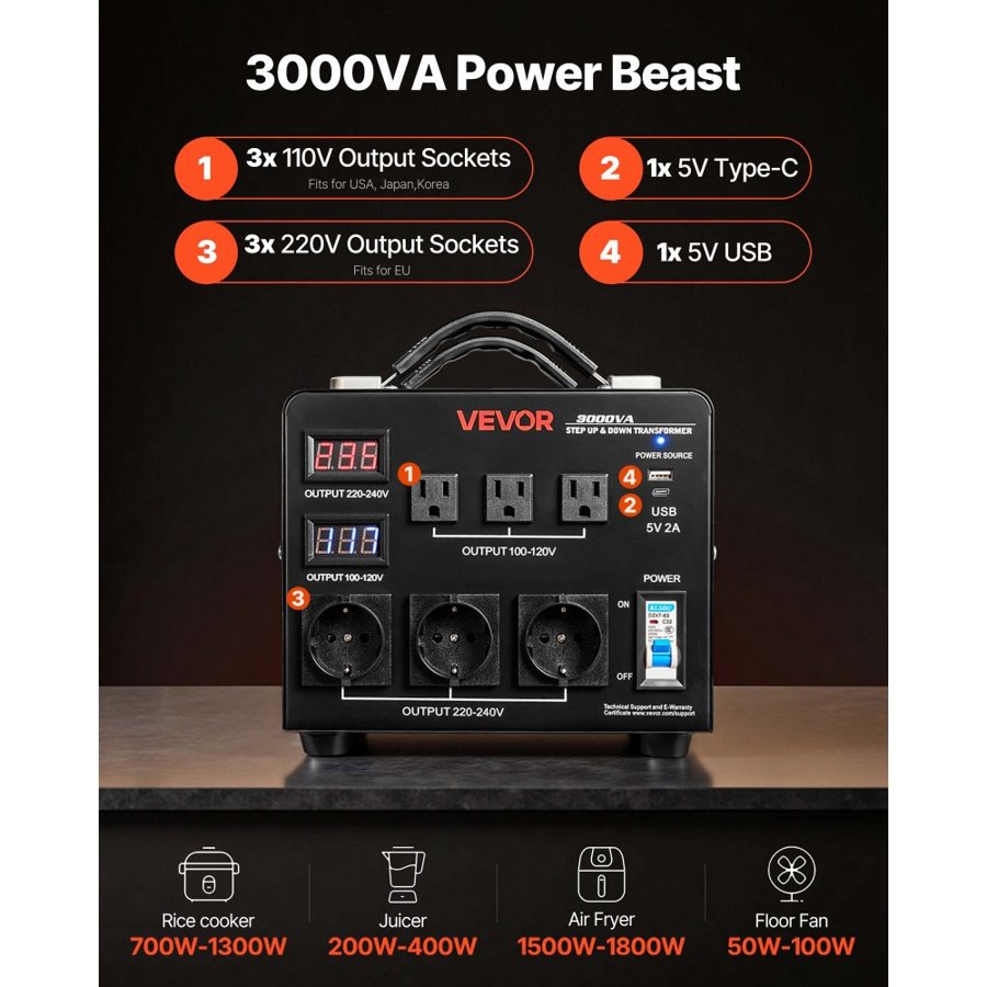 VEVOR Voltage Auto Converter Transformer, 3000VA, Heavy Duty Step Up/Down Power Transformer, 110V to 220V and 220V to 110V, with 3 US Outlets, 3 EU Outlets, LCD Display, Circuit Breaker Protection