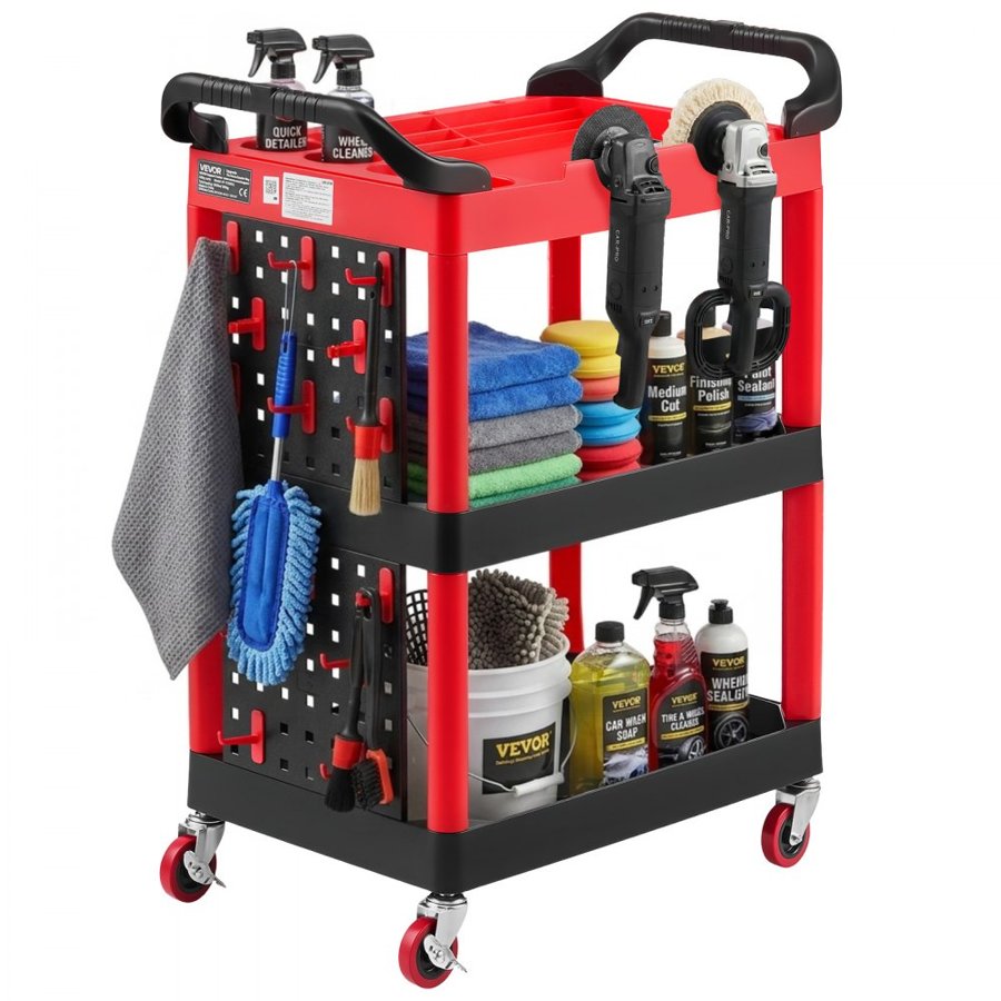 VEVOR Utility Cart, 136 kg Capacity, 3 Tier Service Cart with 360° Swivel Wheels (2 with Brakes), Heavy Duty Plastic Rolling with Trays and Pegboards, Tool Storage for Garage, Warehouse & Repair Shop