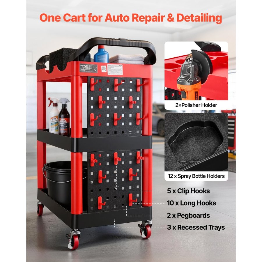 VEVOR Utility Cart, 136 kg Capacity, 3 Tier Service Cart with 360° Swivel Wheels (2 with Brakes), Heavy Duty Plastic Rolling with Trays and Pegboards, Tool Storage for Garage, Warehouse & Repair Shop