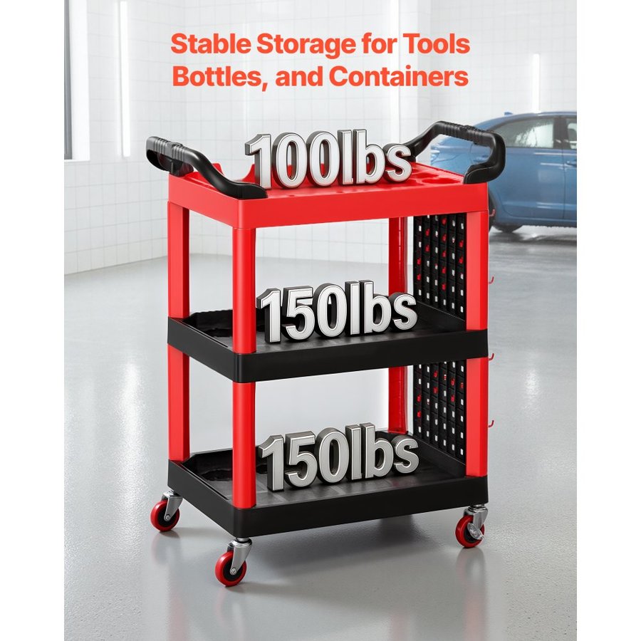 VEVOR Utility Cart, 136 kg Capacity, 3 Tier Service Cart with 360° Swivel Wheels (2 with Brakes), Heavy Duty Plastic Rolling with Trays and Pegboards, Tool Storage for Garage, Warehouse & Repair Shop
