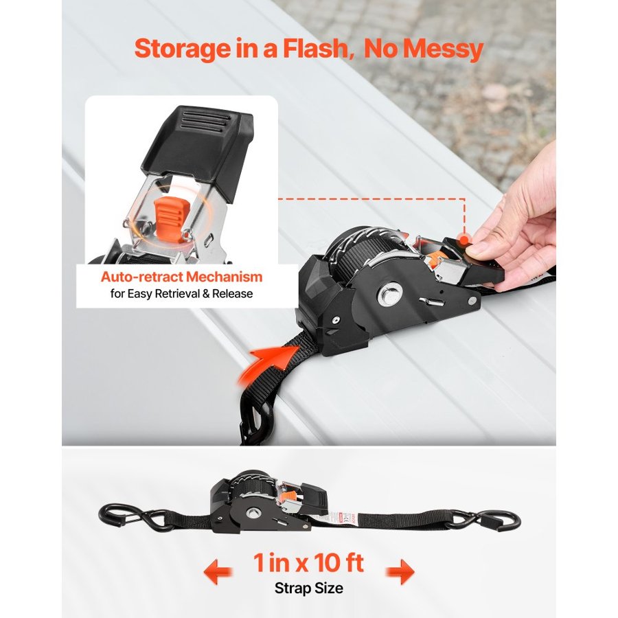 VEVOR Retractable Ratchet Tie Down Straps – 1"x10 ft, 4 Pack