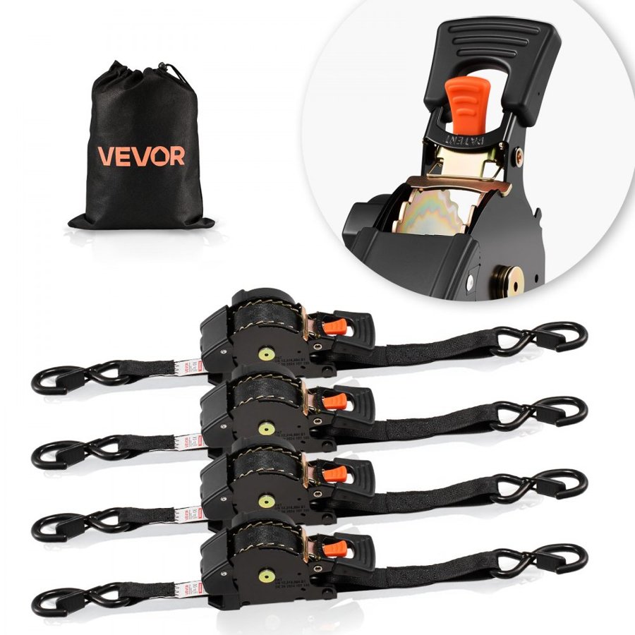 VEVOR Retractable Ratchet Straps – 1"x16 ft, 4 Pack, 700 kg