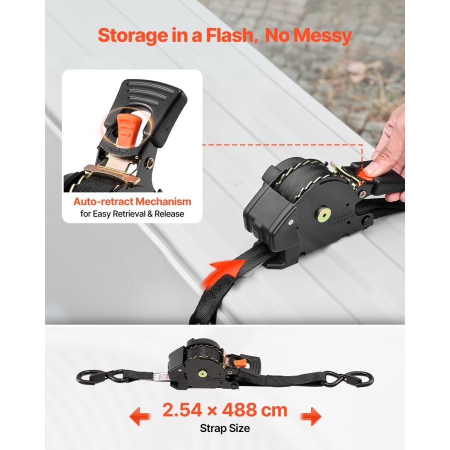 VEVOR Retractable Ratchet Straps – 1"x16 ft, 4 Pack, 700 kg
