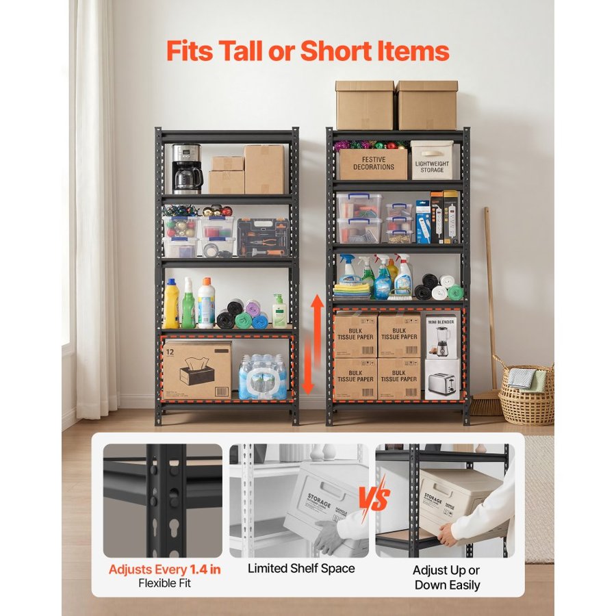 VEVOR Storage Shelves, 5-Tier Adjustable, 907.2 kg Capacity, Heavy Duty Garage Storage Shelving Unit, Metal Utility Rack Shelf, for Kitchen Pantry Basement Bathroom, 759 mm W x 309 mm D x 1520 mm H