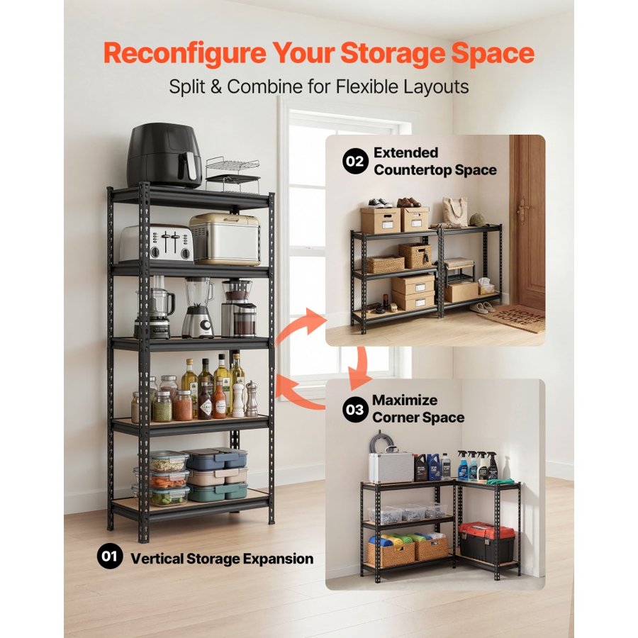 VEVOR Storage Shelves, 5-Tier Adjustable, 907.2 kg Capacity, Heavy Duty Garage Storage Shelving Unit, Metal Utility Rack Shelf, for Kitchen Pantry Basement Bathroom, 759 mm W x 309 mm D x 1520 mm H