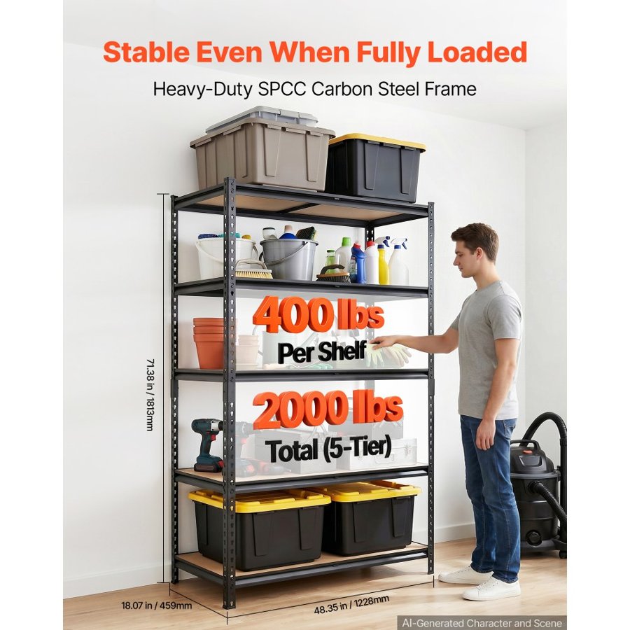 VEVOR Storage Shelves, 5-Tier Adjustable, 907.2 kg Capacity, Heavy Duty Garage Storage Shelving Unit, Metal Utility Rack Shelf, for Garage Warehouse Basement Kitchen, 1228 mm W x 459 mm D x 1813 mm H