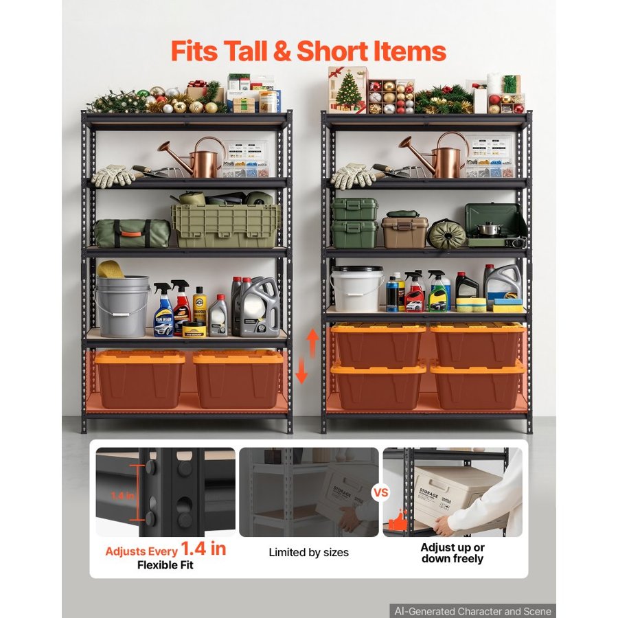 VEVOR Storage Shelves, 5-Tier Adjustable, 907.2 kg Capacity, Heavy Duty Garage Storage Shelving Unit, Metal Utility Rack Shelf, for Garage Warehouse Basement Kitchen, 1228 mm W x 459 mm D x 1813 mm H