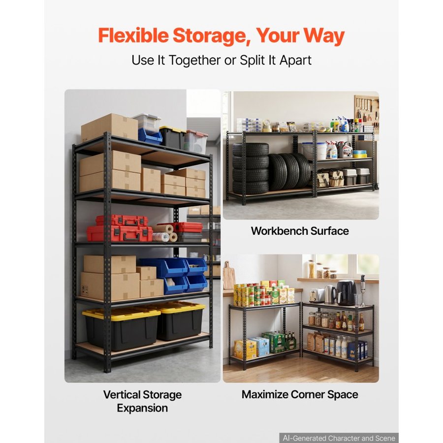 VEVOR Storage Shelves, 5-Tier Adjustable, 907.2 kg Capacity, Heavy Duty Garage Storage Shelving Unit, Metal Utility Rack Shelf, for Garage Warehouse Basement Kitchen, 1228 mm W x 459 mm D x 1813 mm H
