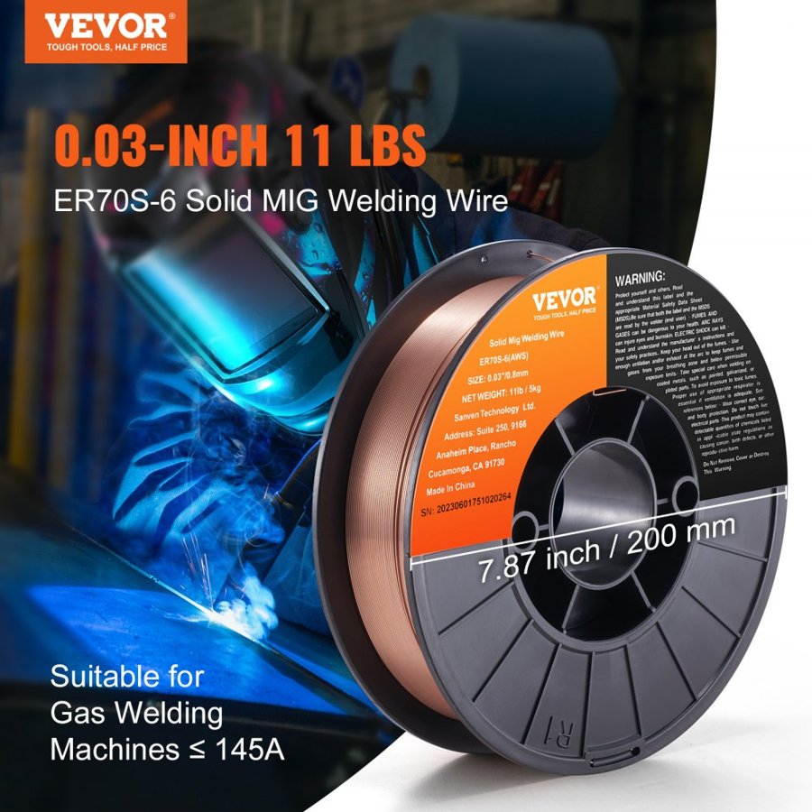 VEVOR Solid MIG Welding Wire, ER70S-6 0.8mm 5.0kg with Low Splatter and High Levels of Deoxidizers for All Position Gas Welding