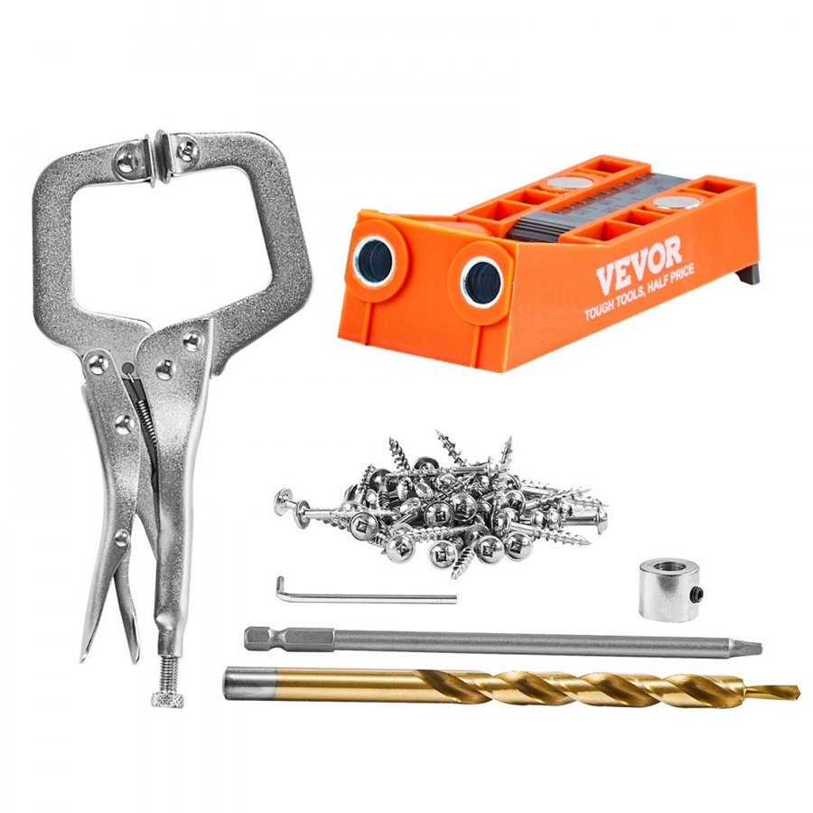 VEVOR Pocket Hole Jig, 56 Pcs Mini Jig Pocket Hole System with 22.9 cm C-clamp, Step Drill, Wrench, Drill Stop Ring, Square Drive Bit, and Screws, for DIY Carpentry Projects